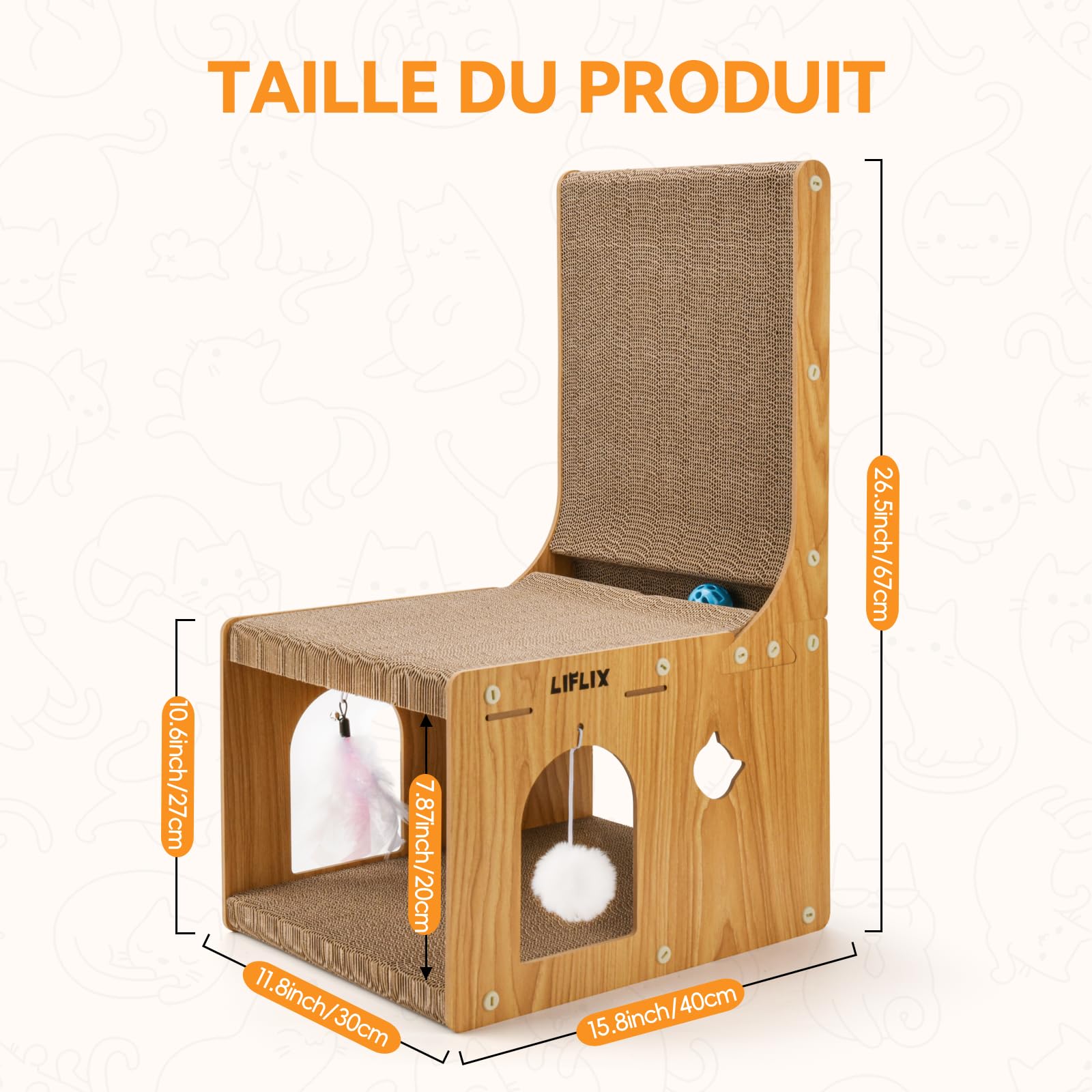 LIFLIX Griffoir pour Chat en L à Double épaisseur, Poteau à griffer en Carton avec Jouets, Griffoir et Cachette pour Chats d'Intérieur, se Reposer et Jouer