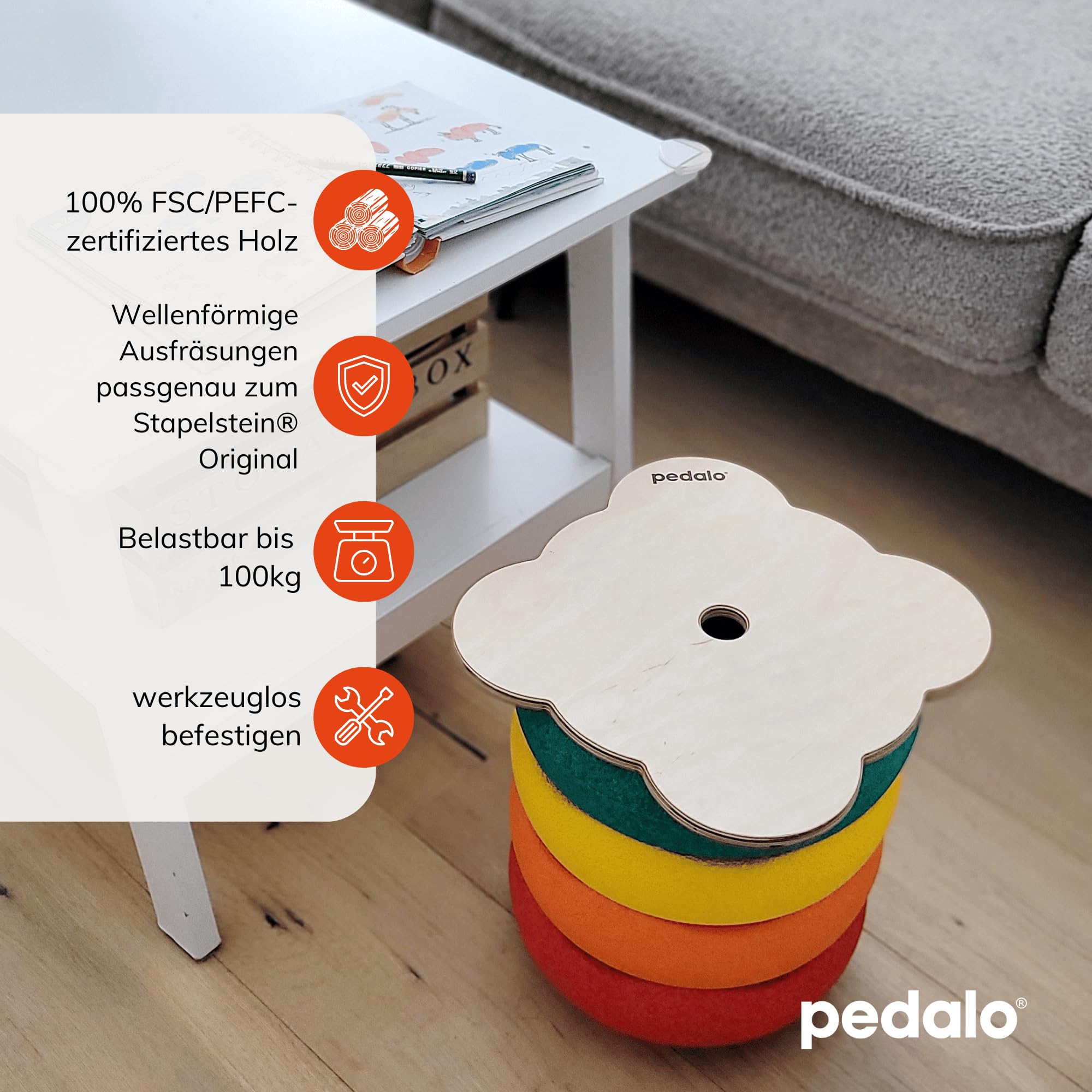Pedalo® Stapelbaustein Sitzteller Move - Abgestimmt als Passform auf Stapelsteine - Sitzhocker für Kinder und Erwachsene - durch Stapelsteine mitwachsend - bewegt sitzen