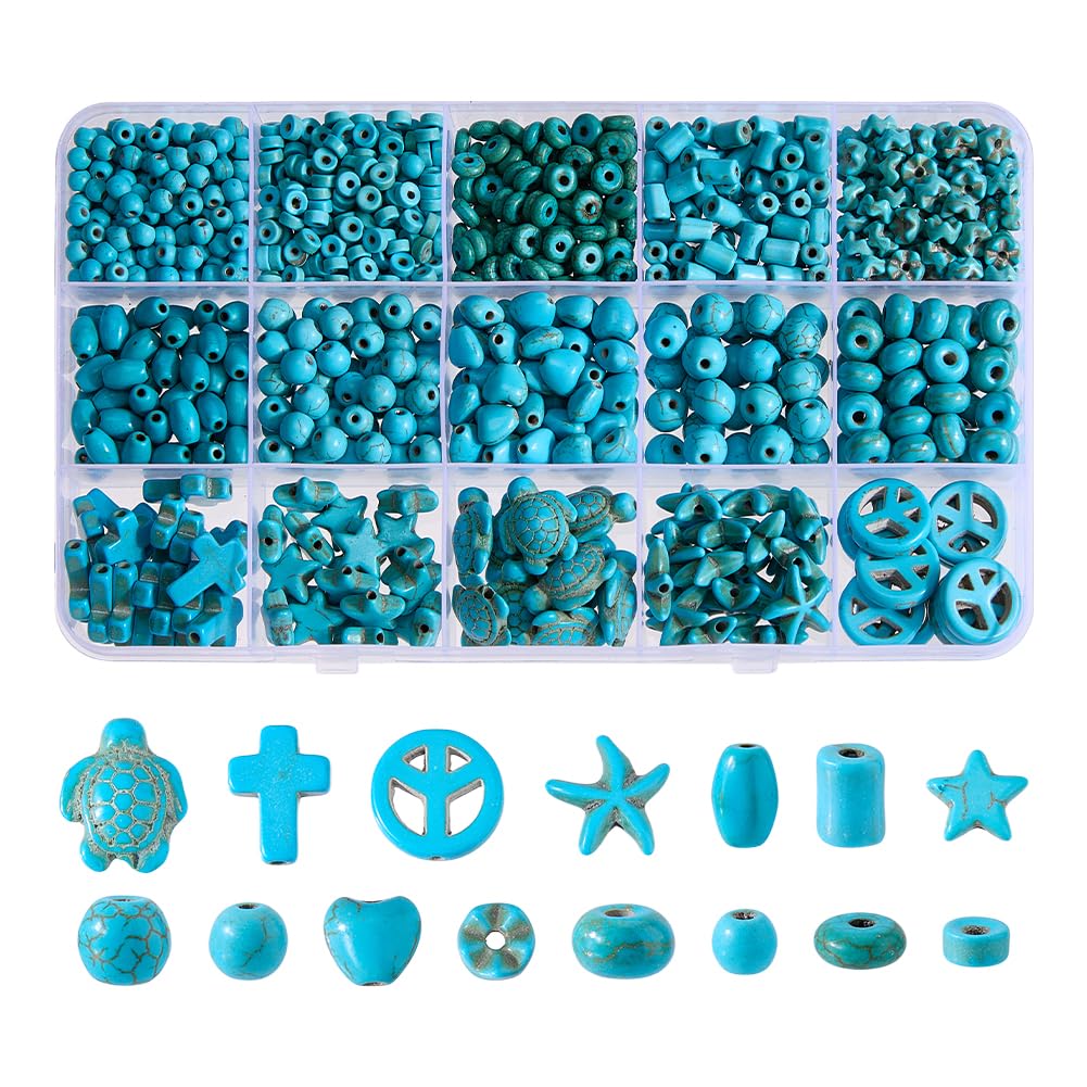 SUPERFINDINGS 4055 Stücke 15 Stile Türkisperlen 4~18mm Boho Meeresschildkröte Kreuz Scheibe Türkissteinperlen Natürliche Türkissteinperlen für DIY Handwerk Armband Halskette Schmuckherstellung
