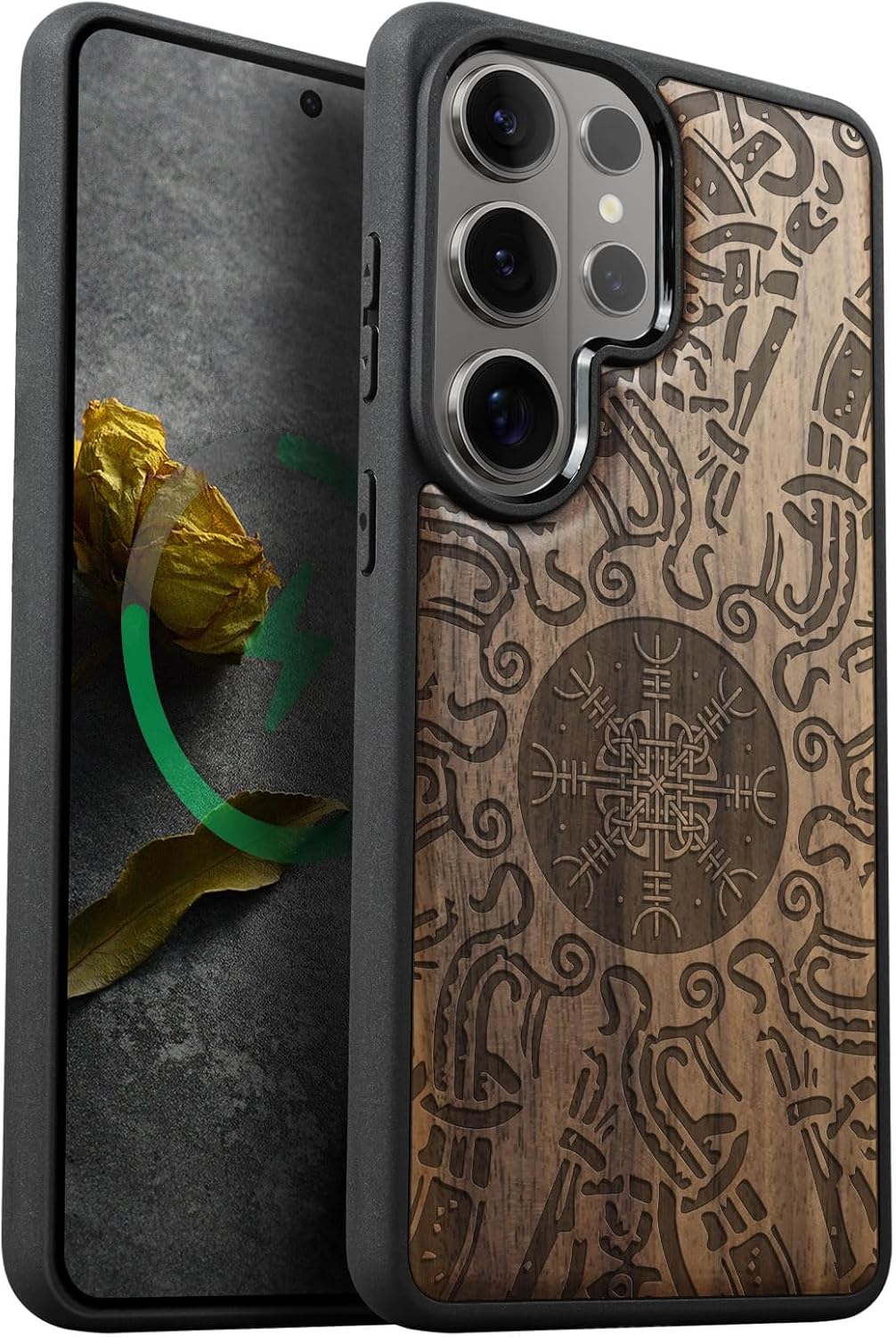 Carveit Magnetic Wooden Case for Samsung Galaxy S26 Ultra Case 2026, TPU Shockproof Cover & Wood Artisan Engraved, Compatible with MagSafe Wireless Chargers (The Hamsa Yin-Yang Mandala) Walnut