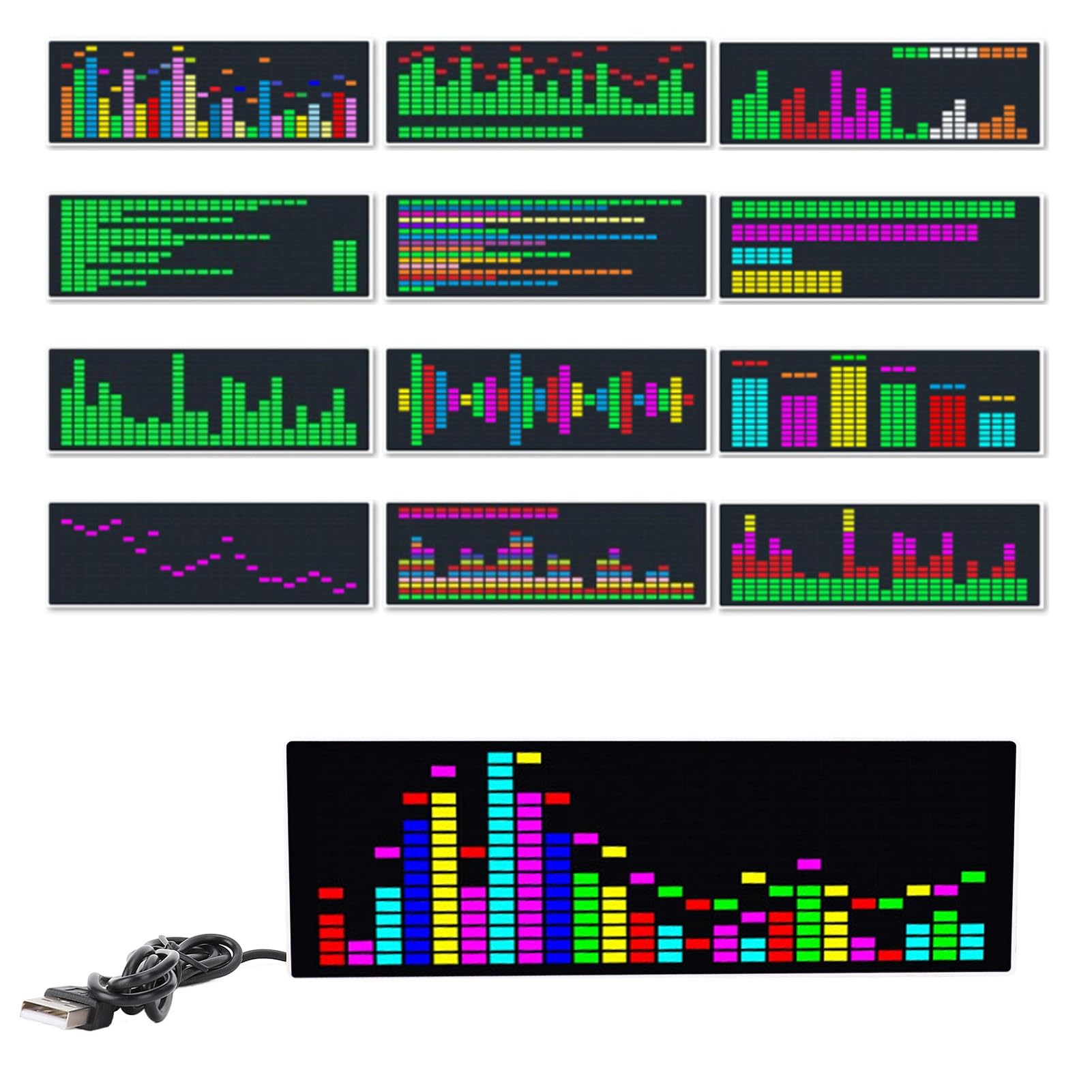 Display dello spettro musicale, analizzatore musicale a LED, analizzatore dello spettro audio, misuratore di controllo del suono colorato, 12 effetti dinamici e 7 effetti cromatici