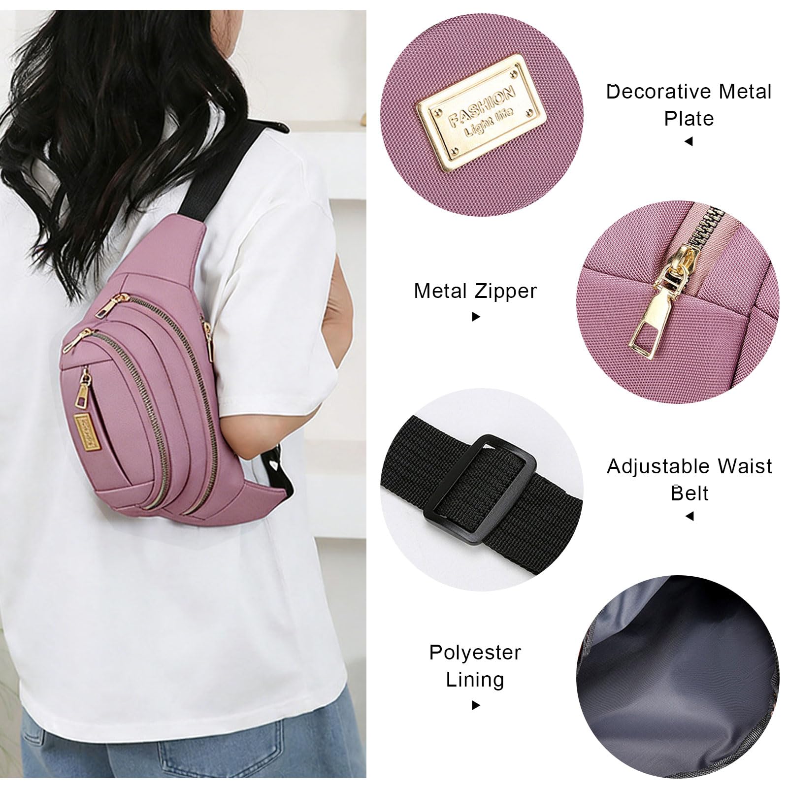 Bumbags for Ladies Women Men Lightweight Adjustable Bum Bag Fanny Pack with 4 Zipper Pockets,Fashionable Waist Pack for Travel, Running, Hiking, Cycling (Pink) — view 2