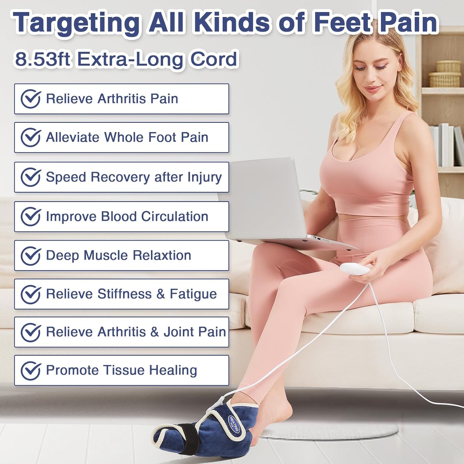 AOBOCO 1 Pack Electric Heated Foot Ankle Warmer - Feet Heating Pad Deep-penetrating Heat for Achilles Tendinitis & Plantar Fasciitis - Auto Shut Off & 86-158℉ Foot Brace Women Men, Blue&beige