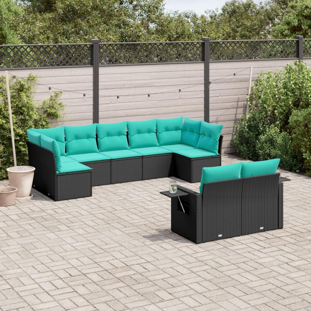 vidaXL Patio Sofa Set - 9-Piece Black Rattan Outdoor Furniture w/Cushions - Folding Side Tables, UV-, Weather-