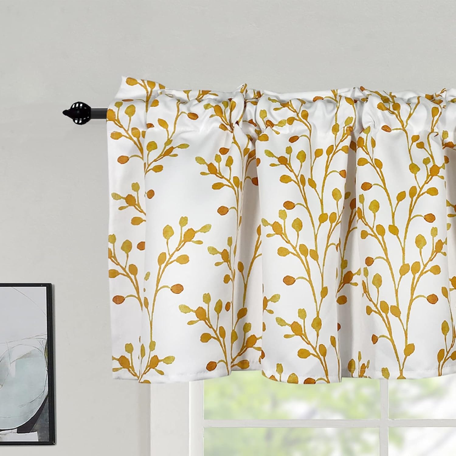 Yellow Printed Valance for Windows - Tree Branch Leaf Room Darkening Short Curtain Valances for Kitchen/Bedroom/Living Room/Bathroom/Farmhouse/Laundry/Cafe with Rod Pocket 1 Panel 52x18 Inches Long