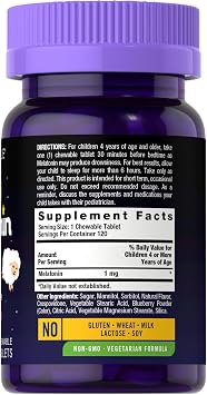 Carlyle Kids Melatonin 1mg | 120 Chewable Tablets | Fruit Flavor | Vegetarian Supplement | Non-GMO, Gluten Free Formula