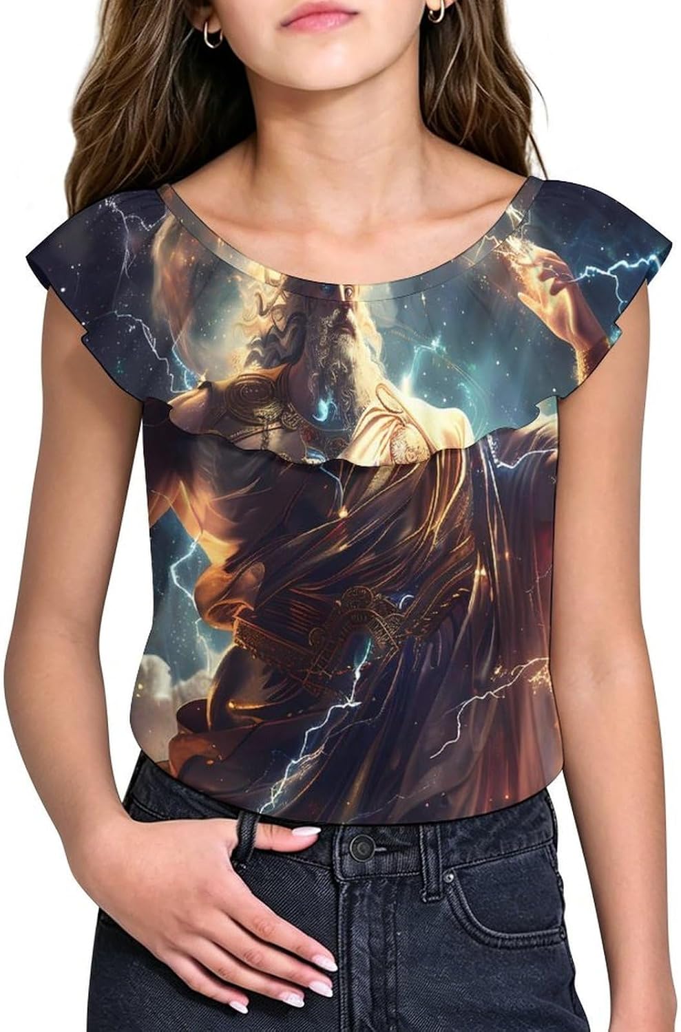 Zeus God Greek Mythology Girls T-Shirts Top Ruffle Short Sleeve Blouse Casual Graphic Tees