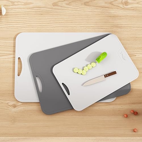 Miniatura 5 de Tabla de cortar de TPU para cocina, juego de tablas de cortar seguras de 3 piezas, tablas de cortar flexibles antideslizantes con ranura para