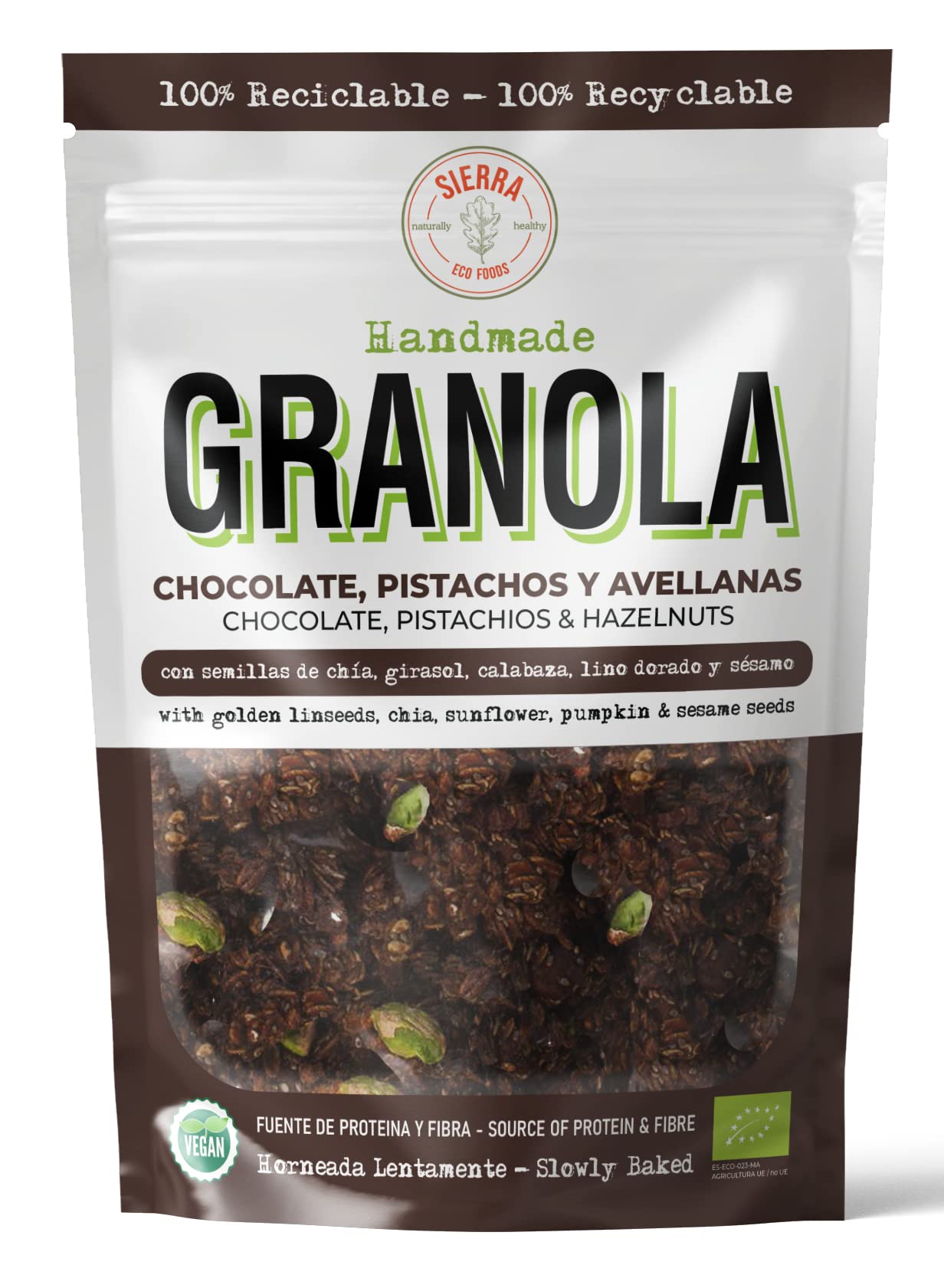 Granola Ecológica y Artesana con Chocolate Negro, Pistachos y Avellanas, Sirope de Ágave y Aceite de Oliva Virgen Extra, Semillas, Avena Integral de Copo Entero (Pack: 3 x 300g) Total 900g