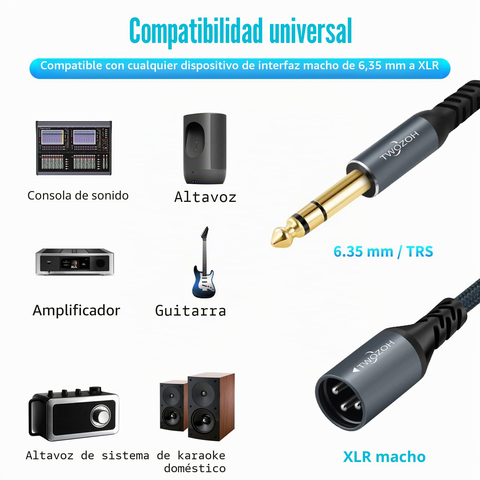 Twozoh Cable de Audio Jack de 6,35 mm a XLR Macho de 3 pines 2M 2 Unidades, Trenzado XLR Macho a 1/4 TRS estéreo para guitarra (Profesional/HiFi)