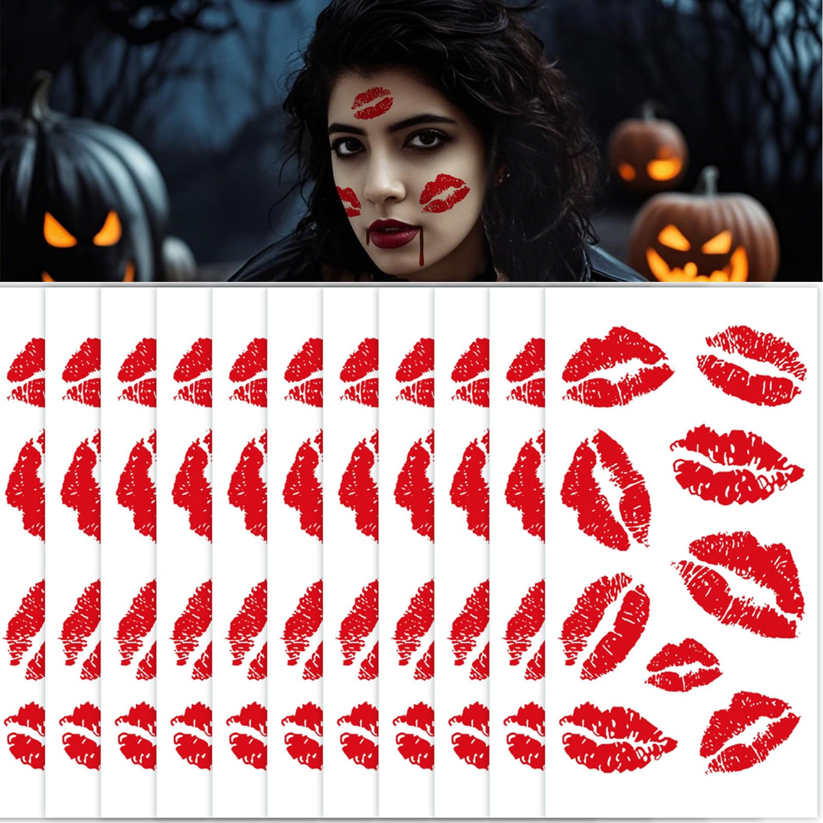 Photo 1 of 12 Sheets Kiss Tattoos Temporary Stickers, 108 Pcs Red Kiss Lip Print Waterproof Fake Tattoo for Women Girls Kids Face Body Halloween Valentine Gifts, Vampire Makeup, Party Favors, Decorations