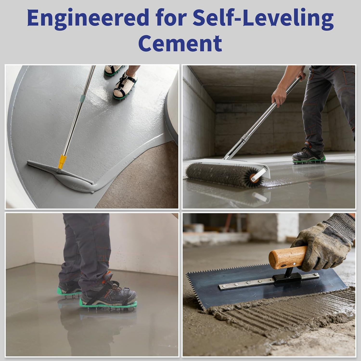 Self Leveling Concrete Tools, Spiked Roller for Self Leveling with Adjustable 5.1ft Pole, Garage Floor Epoxy Kit with Cement Leveling Rake, Spike Shoes for Epoxy Flooring