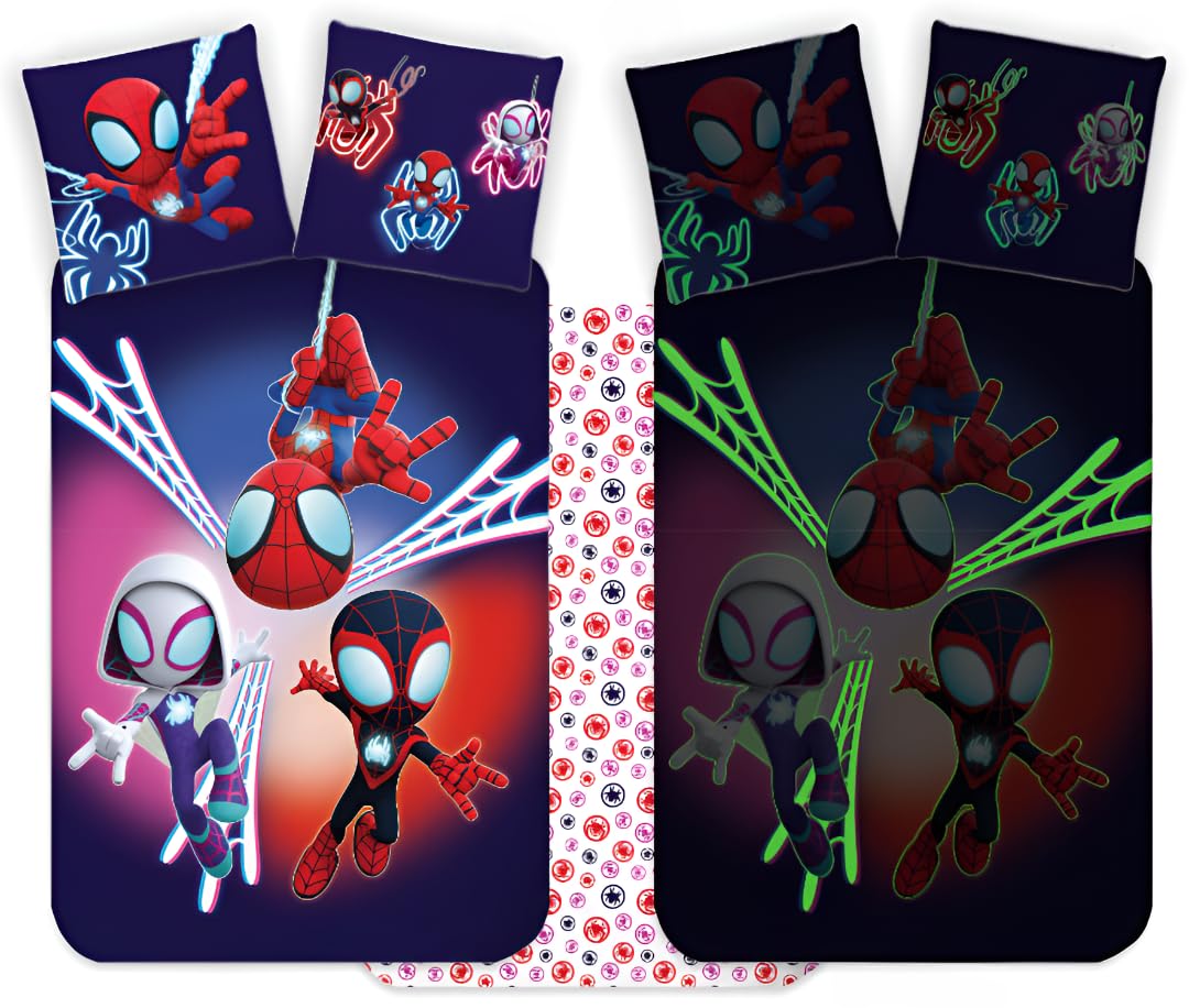 Brandmac Boys Spidey - Multicolor Spidey Glow In The Dark Bedlinen Set | Junior Size Duvet Cover 100X135 Cm + Pillowcase 40X60 Cm, 100% Cotton | Spiderman Soft Reversible Cot Bedding Set Perfect For Toddlers