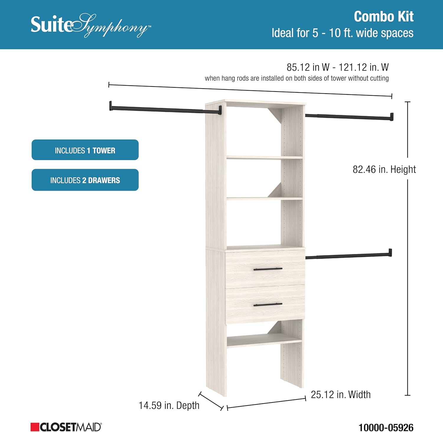 ClosetMaid SuiteSymphony 25-Inch Closet System Tower with (3) Hang Rods, and (2) Drawers, White Timber