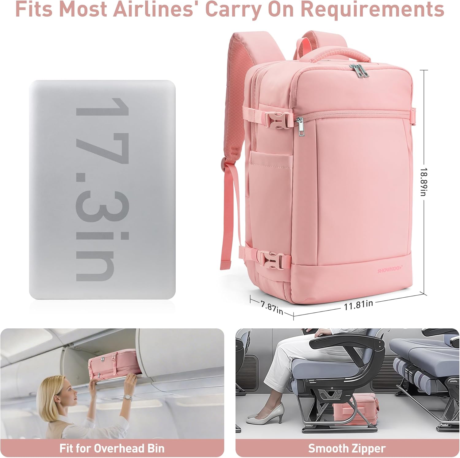 SHOWKOO Laptop Backpack for 17 Inch Laptop, 40L Expandable Large Capacity Backpack, TSA Carry On Travel Backpack with Padded Laptop Compartment, Water-Resistant College & Commuter Bag, Pink