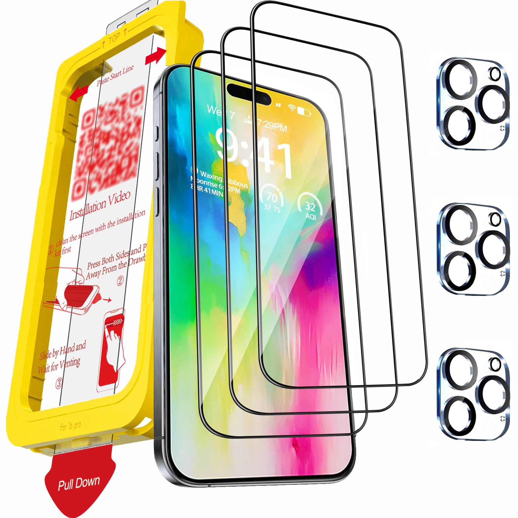 Milomdoi 3 Pezzi Vetro Temperato per iPhone 16 Pro Pellicola Protettiva Accessori con 3 Pezzi Cover Protezione Pellicola Fotocamera, Anti Graffio