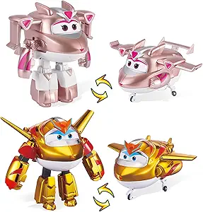 Super Wings Transformable Toys Playset, 5 in Golden Boy and Golden Girl Airplane Transforming Figures Toys Set, 2 in 1 Mode Rescue Bots Toy for 3-5 Year Old Boys Girls Toy for Toddlers Kids Age 3-5
