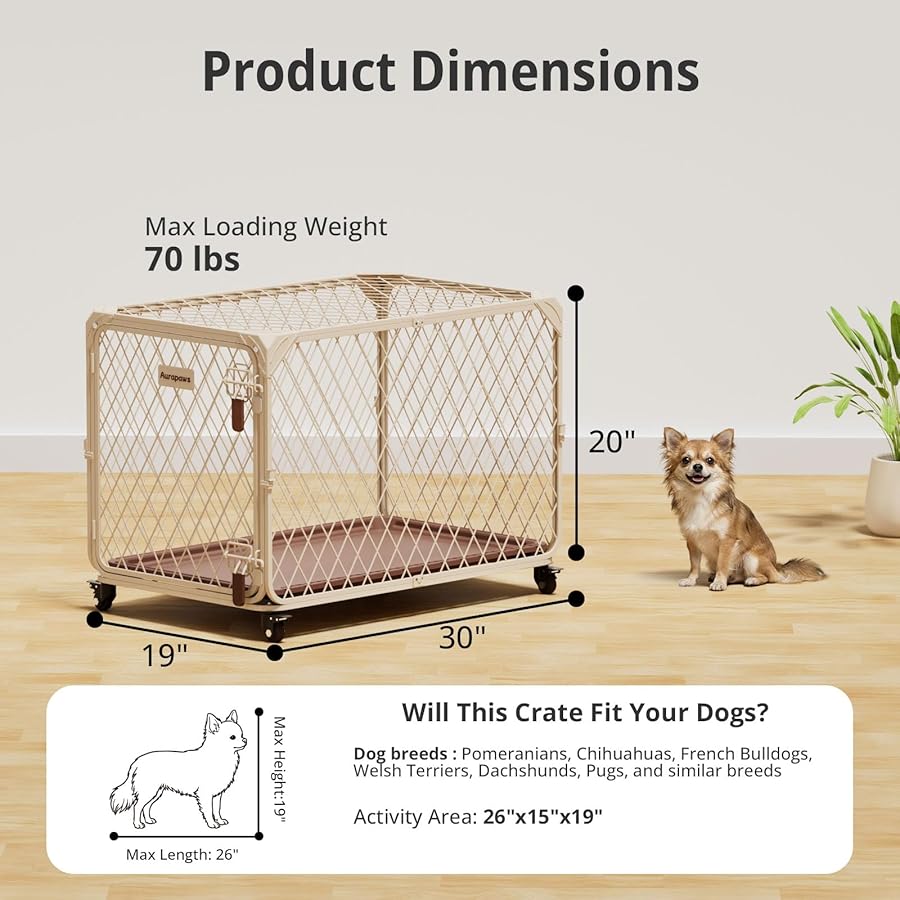 Aurapaws 30 Inch Dog Crate with Lockable Wheel, Diamond Mesh Metal Dog Kennel Cage with Double Secure Latch & Leak-Proof Tray, Escape-Proof Dog Crates for Small Dogs Breeds, Dogs up to 70 lbs - image 5