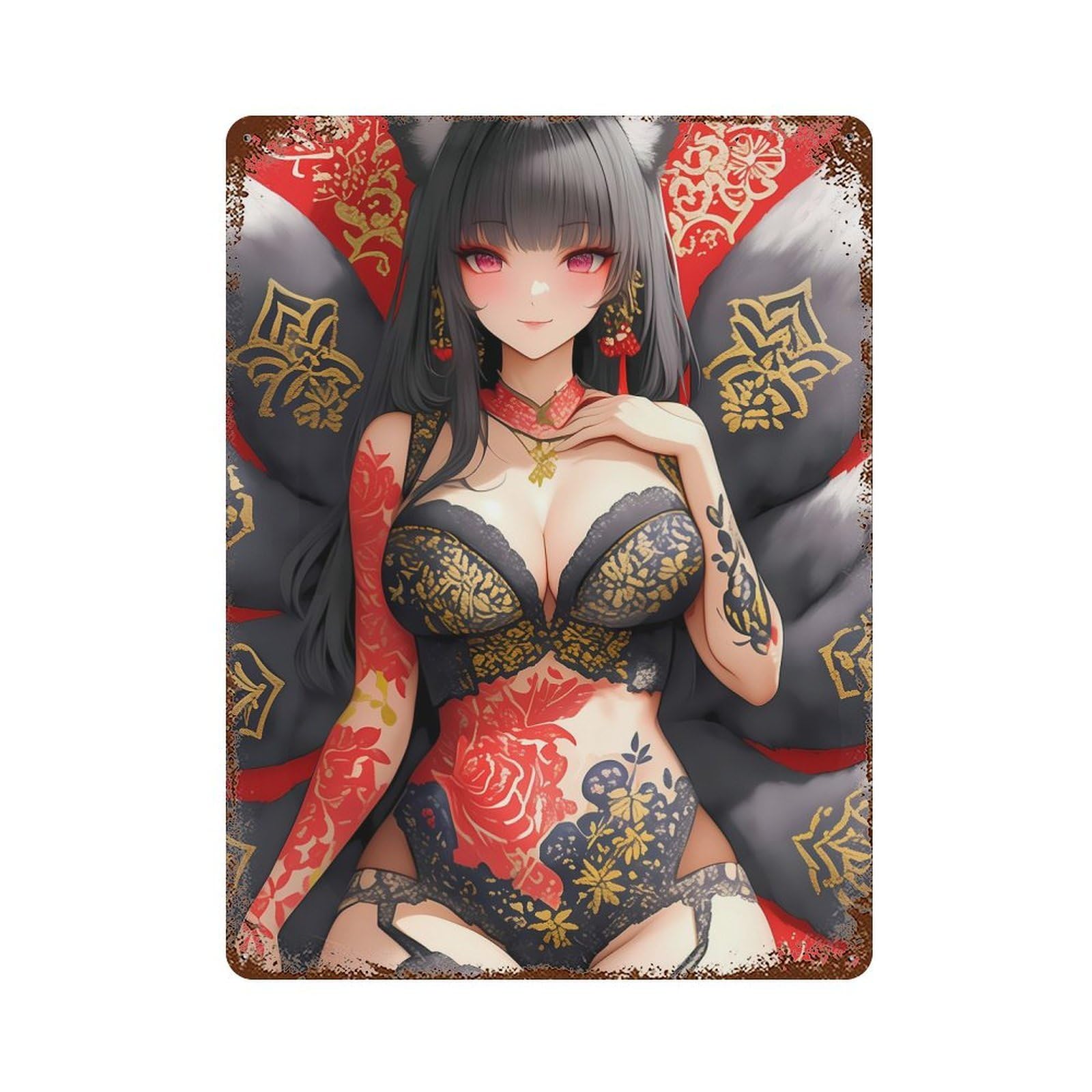 Kitsune Girl in Lace Anime Girl Waifu Gaming Distressed Metal Wall Sign 15.7"x11.8", for Garage, Bar And Workshop Decor, Decorative Metal Wall Art