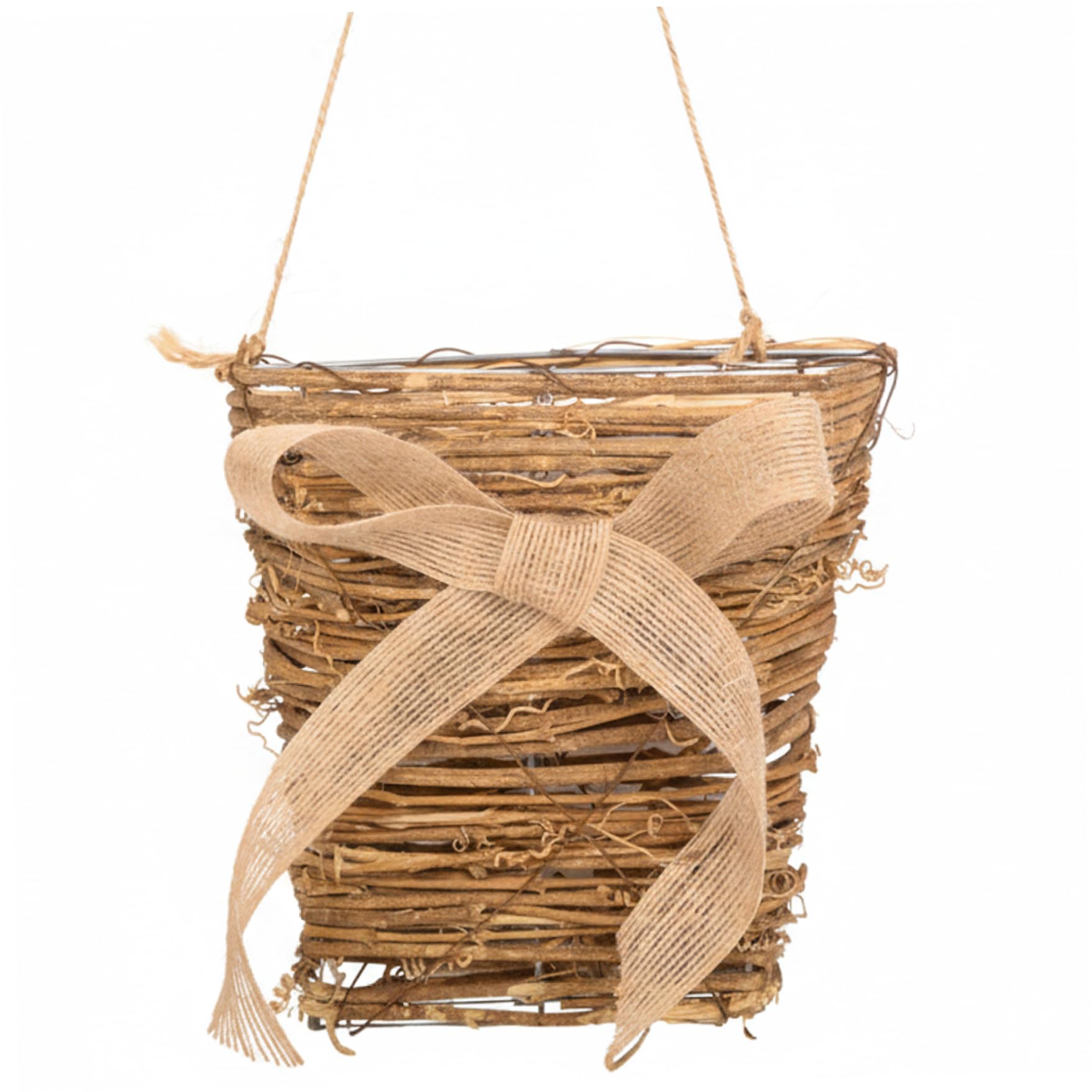 Hanging Basket - Wicker Front Door Hanging Basket with Burlap Bow, Farmhouse Rustic Rattan Wall for Flowers and Storage