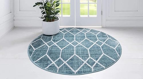 Miniatura 3 de Unique Loom Matrix Trellis Collection - Alfombra decorativa (8 pies, redonda, azulmarfil)