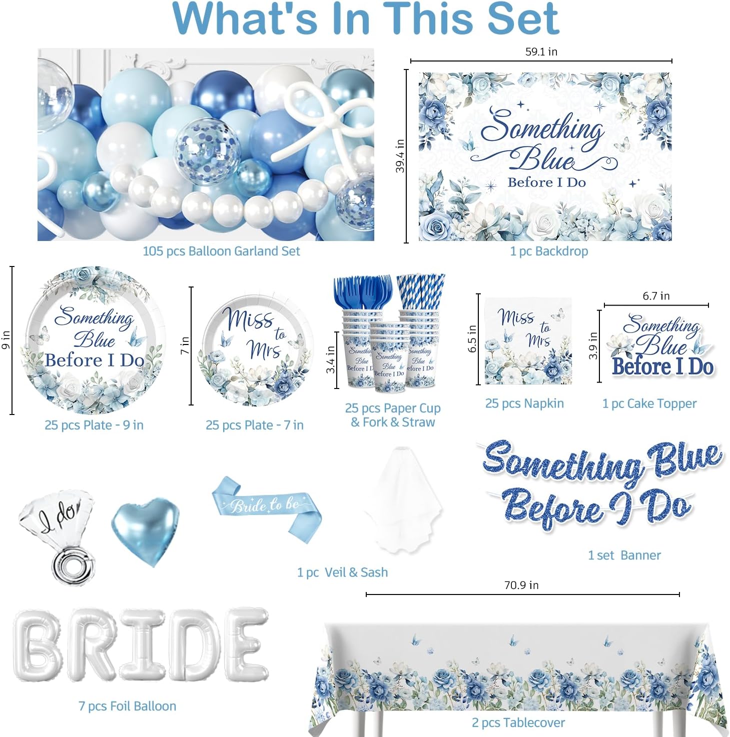 Cocomigo 271 PCS Something Blue Before I Do Bridal Shower Decorations Set, Serves 25, with Plates, Napkins, Balloon Arch, Veil & Sash, Backdrop & Banner for Blue Bridal Shower Decorations