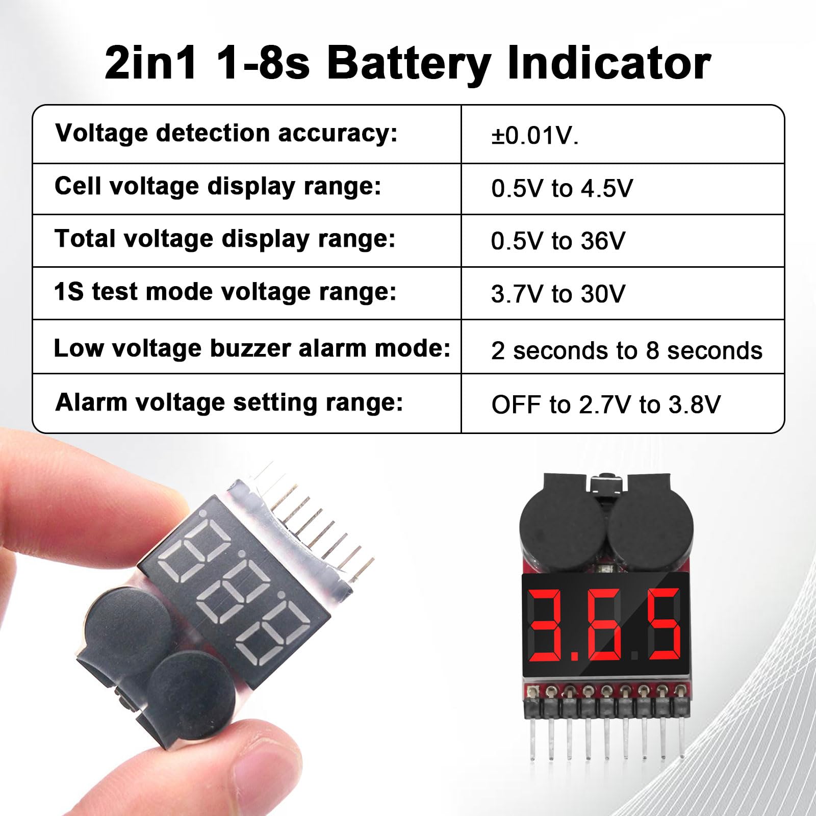 RUIZHI 1-8S Lipo Testeur Batterie Moniteur, Alarme de Basse Tension de Batterie au Lithium, Indicateur de Niveau Testeur de Batterie avec Indicateur LED pour Lipo/Life/LiMn/Batterie Li-ion(6 Pièces)