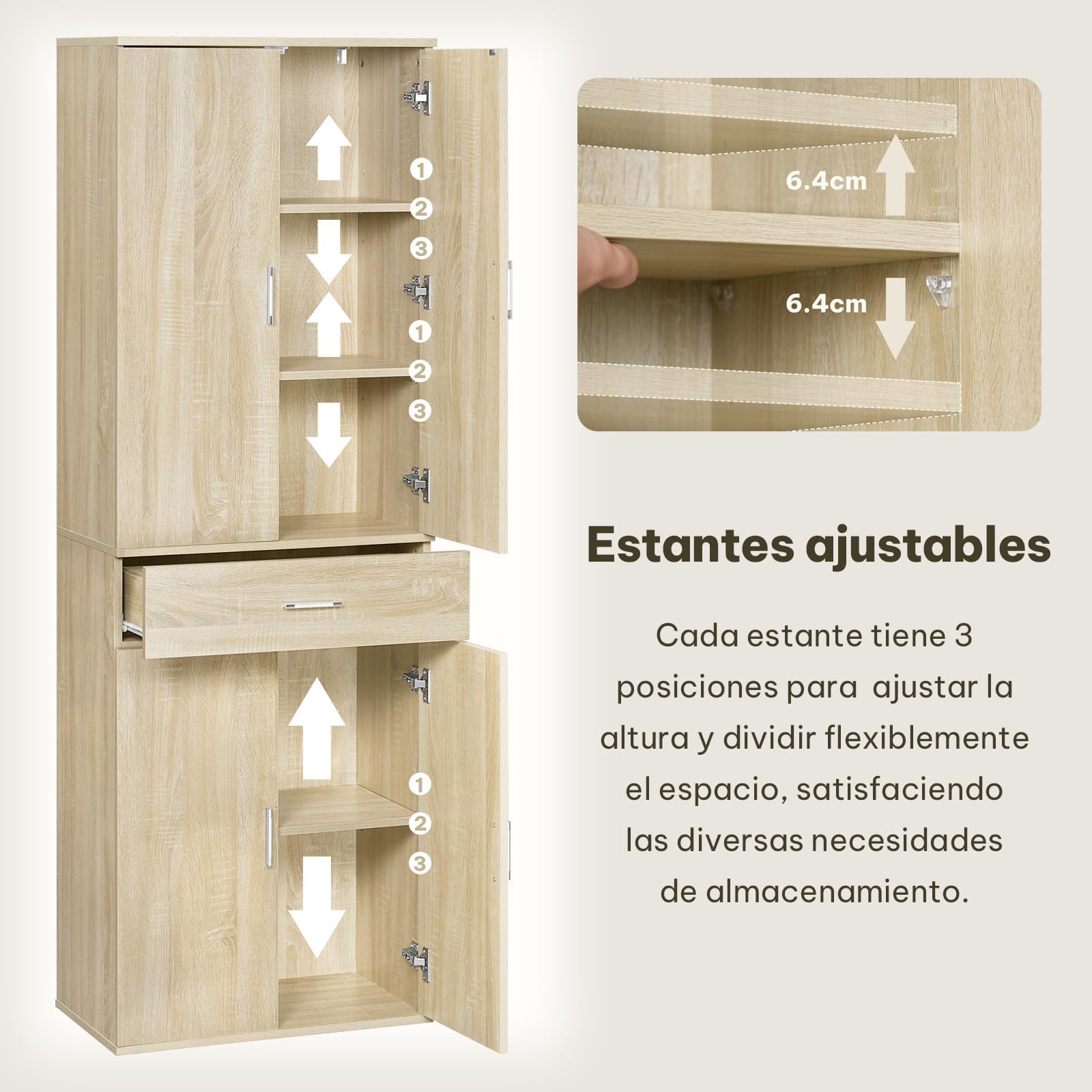 eSituro Armario de Oficina con Puertas, 60x34x180 cm, Roble Claro | Armario de Almacenaje con 1 Cajón y 5 Estantes, Estantes Ajustables