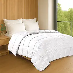 Edredom Toque de Plumas Dupla Face, Microfibra Plumage Liso e Stripe Quadriculado (Branco Stripes, Queen)