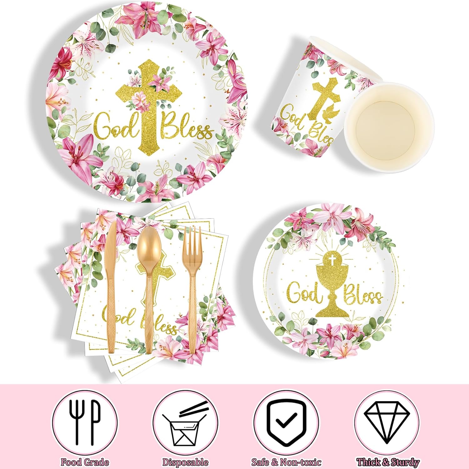 Yungyan 171 Pieces God Bless Baptism Party Supplies First Communion Tableware Set Serves 24 Guests Baptism Plates Napkins Cups Tablecloth for Newborn Baby Shower Christening Party Decoration (Pink)
