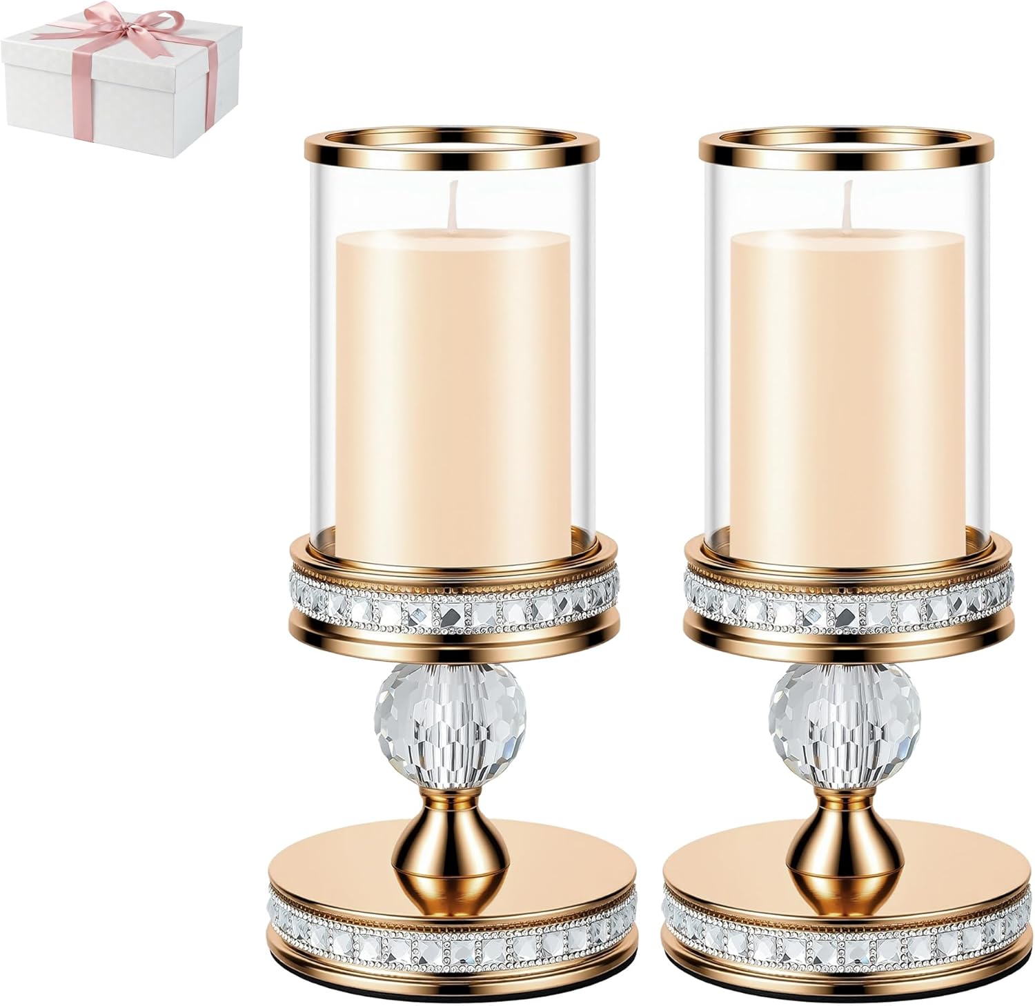 Hurricane Candle Holder, Pillar Candle Holders with Glass Sleeve with Gift Box,Crystal Candle Stands for Home Warming, Weddiing, Dining Room Decor, Table Centerpiece (2, Gold, S)