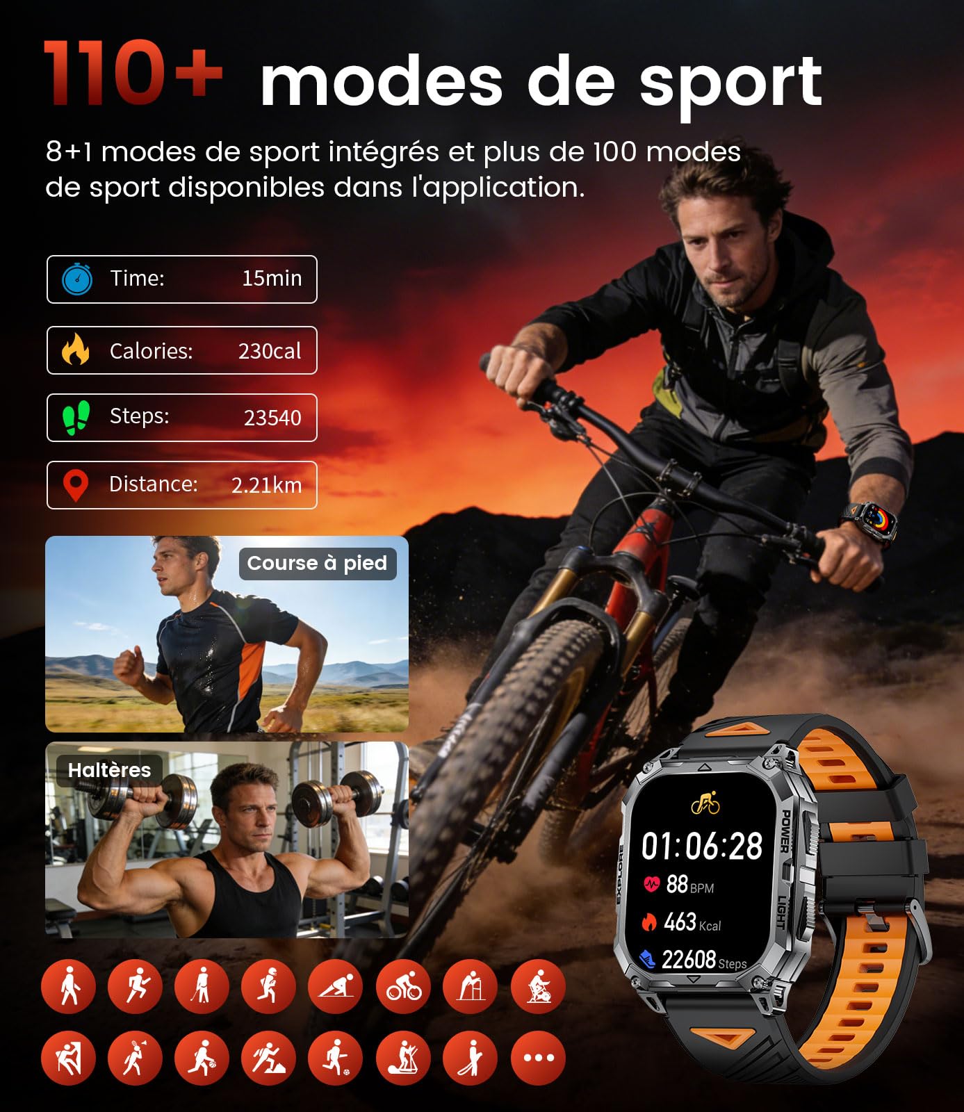 FITFLEX Montre Connectée Homme avec 1000mAh/2.01" HD Grand Écran Militaire Smartwatch avec Appel Bluetooth,Moniteur de Fréquence Cardiaque/Sommeil/120 Modes Sportifs, IP68 Étanche Android iOS,Noir
