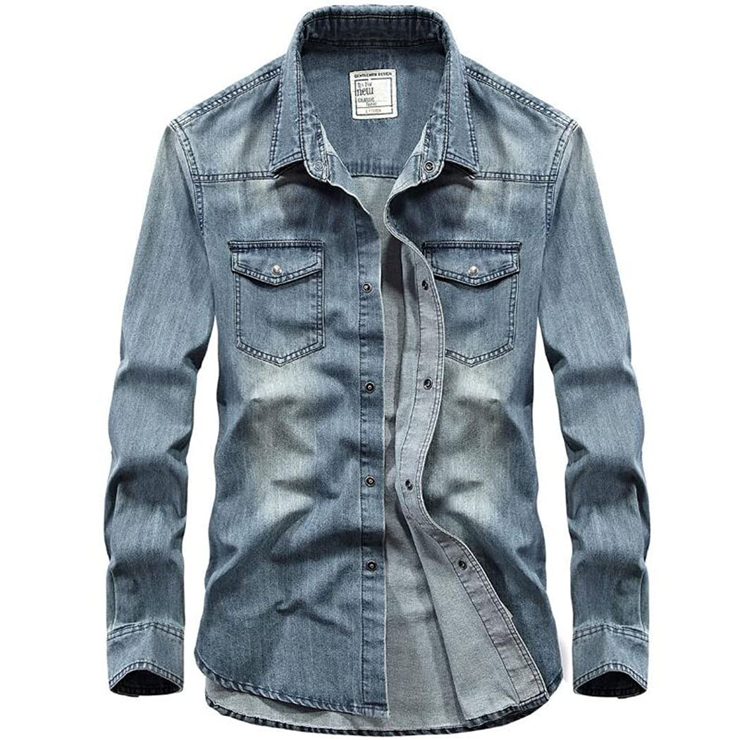 Chemise en jean de coton pour homme bleu clair 3XL décontractée - 8