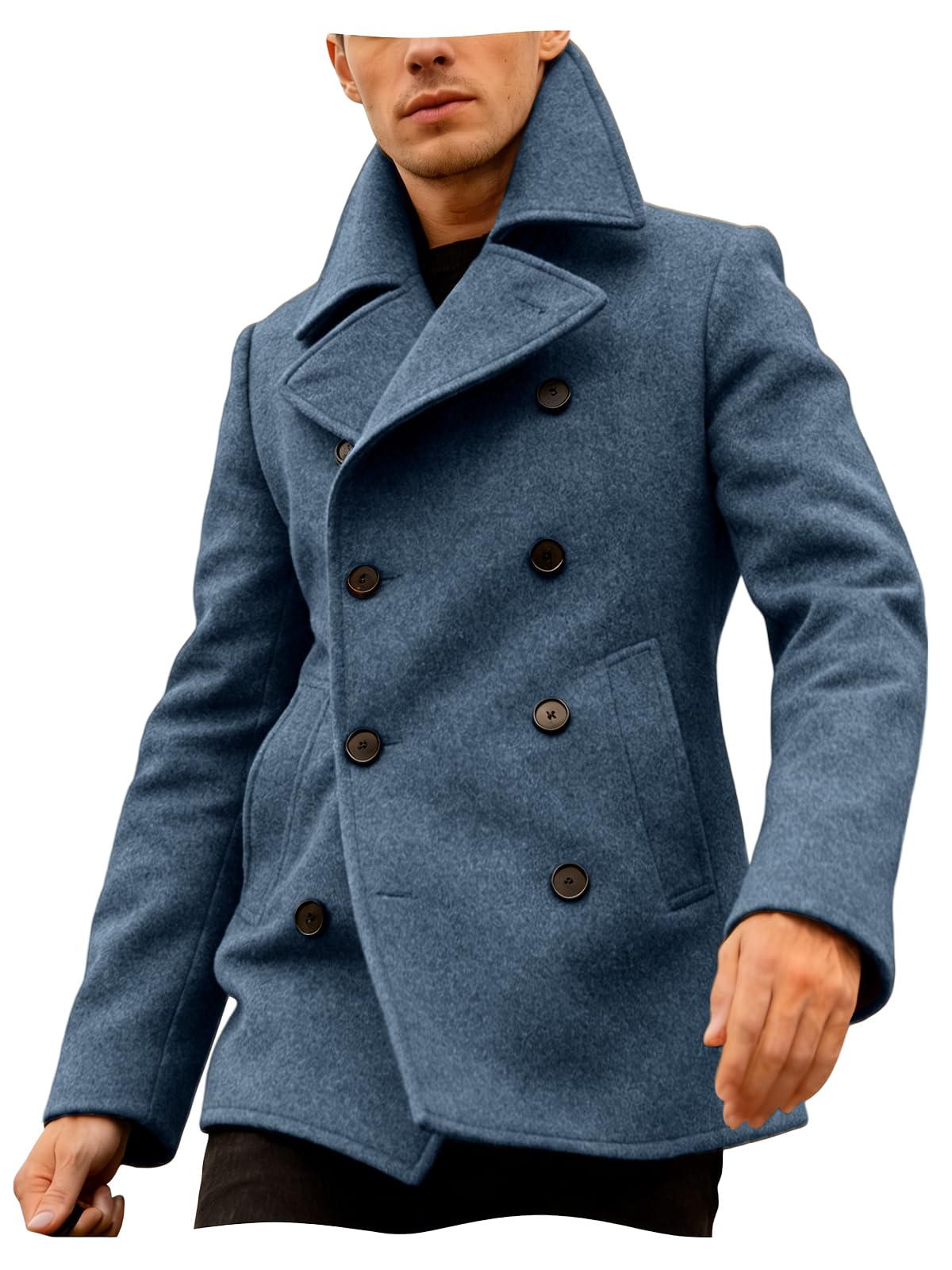 Mens Pea Coat Double Breasted Coat Jackets Slim Fit Overcoat Heavyweight Trench Coats