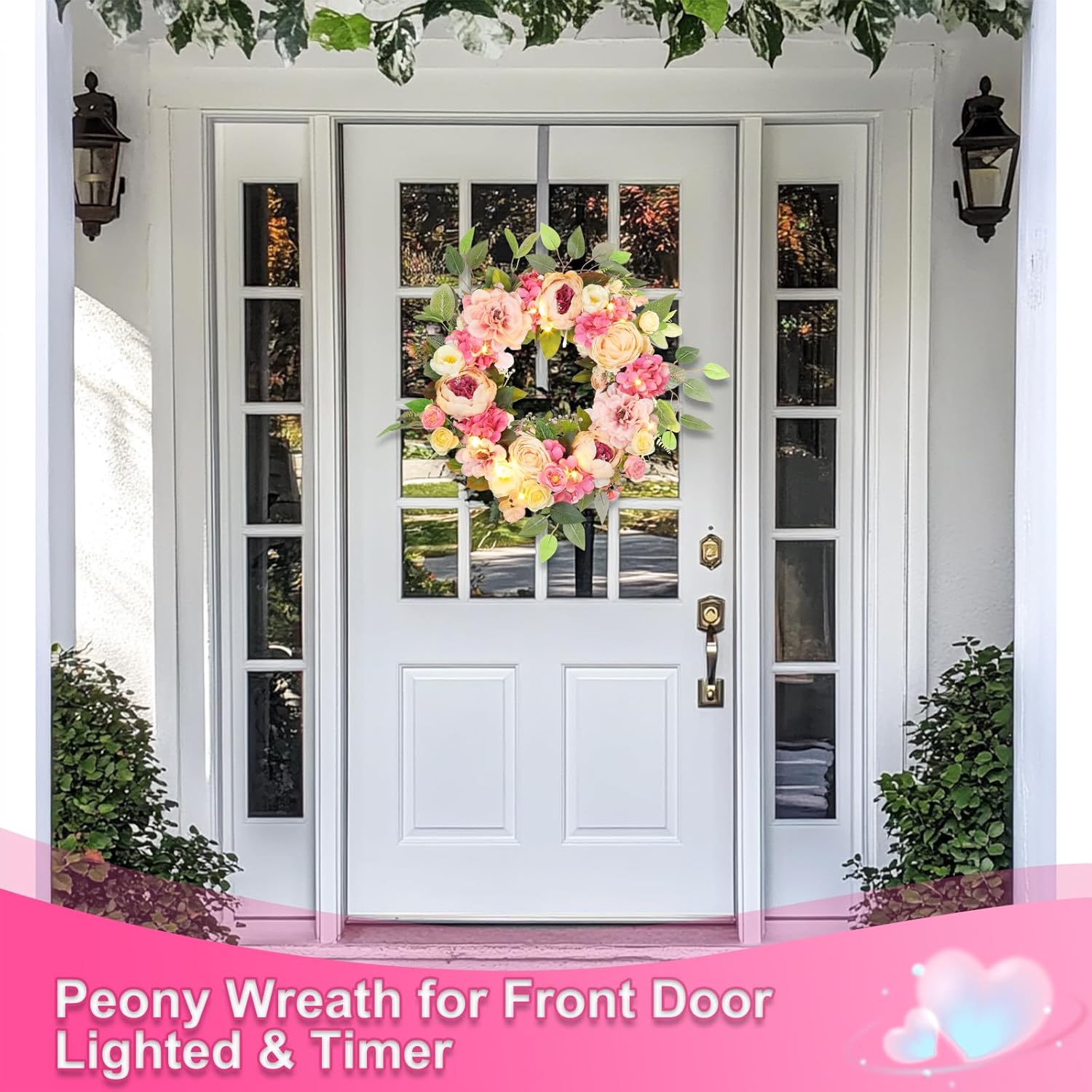 [Lighted & Timer] 22" Spring Summer Wreaths for Front Door Peony Wreath with Lights Pink Silk Flower Hydrangea Rose Green Leaves Floral Wreath for Home Wall Window Wedding Party Indoor Outdoor Decor
