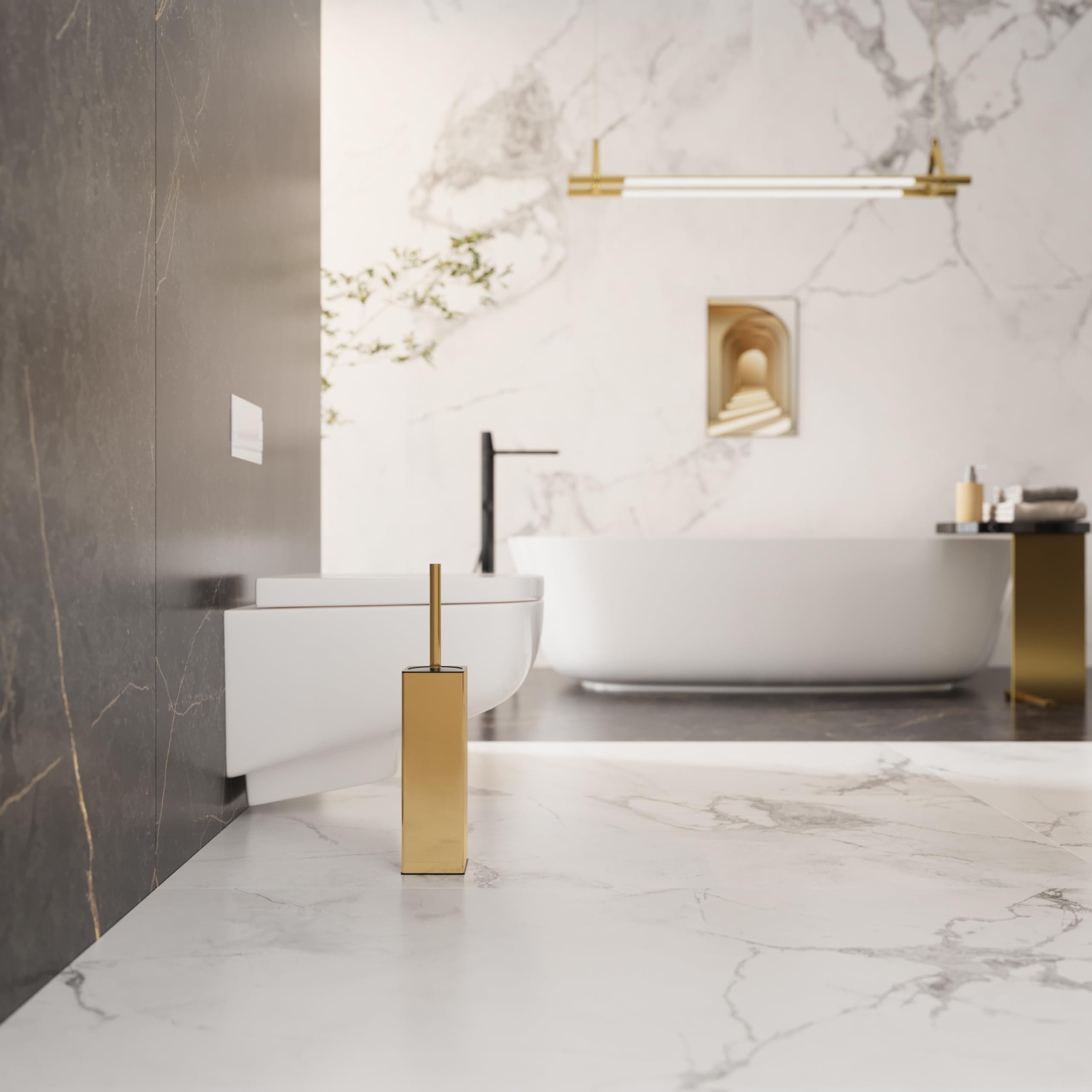 BGL Escobilla de inodoro cuadrada con soporte, cepillo de inodoro pintado de goma de acero inoxidable y soporte para baño, 2 cabezales de cepillo limpiador, dorado