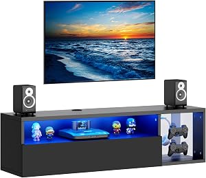 Floating TV Stand with Lights Wall Mounted, LED Modern TV Stand with Storage for Living Room, Floating Entertainment Center with Shelves TV Console Under TV for Bedroom Living Room, Black