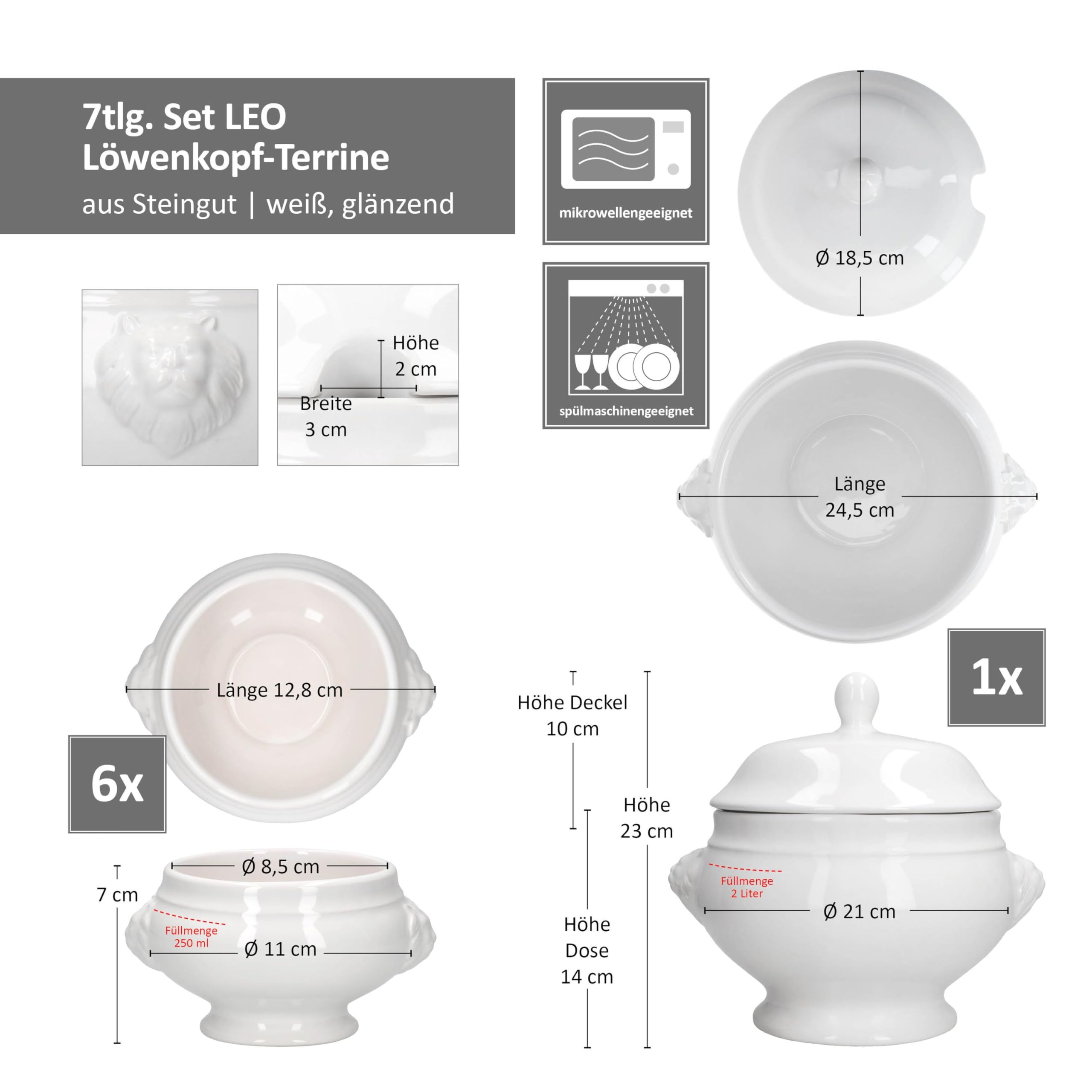 MamboCat Set da 7 pezzi Leo con testa di leone e senza coperchio, 6 X 0,25 l e 1 X 2 litri, ciotola bianca con testa di leone per zuppa e stufati