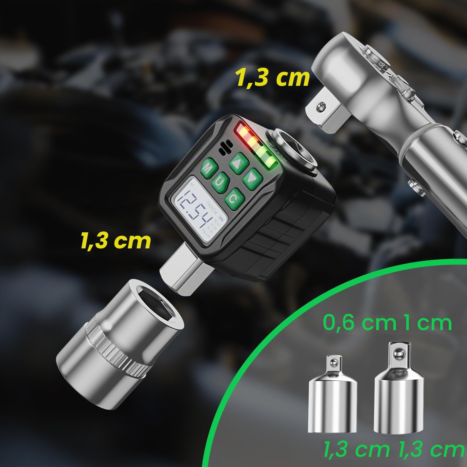 1/2" Dinamometro Digitale, Adattatore Chiave Dinamometrica Digitale, Chiave Dinamometrica, Preimpostata, Archivio Dati, Buzzer e Notifica LED, Adattatori da 1/4" 3/8" (1/2", 10-200 Nm)