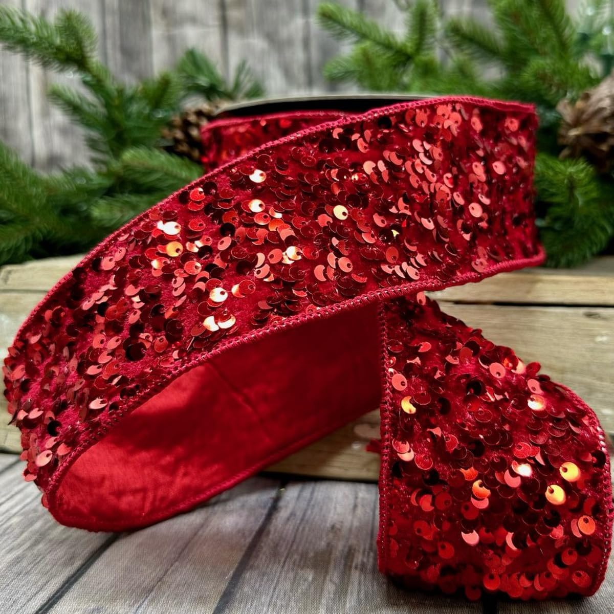 D Stevens Fine Ribbon 2.5" Red Metallic Sequin Wired Edge Ribbon (10 Yards) Holiday Decorating, Floral Arrangement, Wreath Making, Christmas Decorating, Weddings