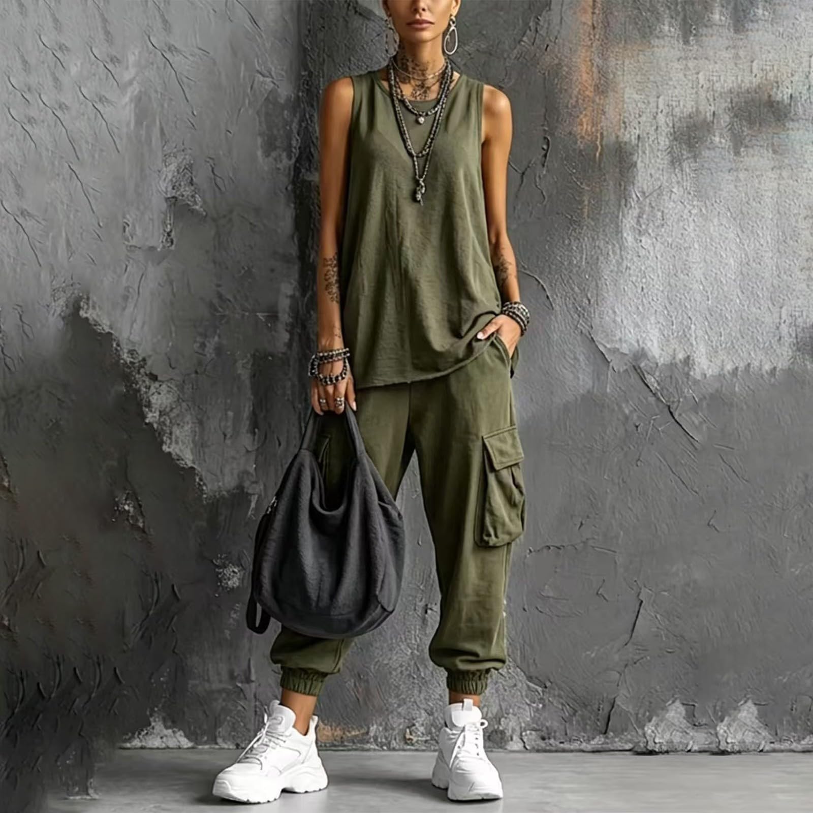 Generisch Zweiteiler Damen Sommer Trainingsanzug 2-Teiliges Set Tops und Weite Musselin Hose Baumwolle Outfit Einfarbig Jogginganzug Lässig Tracksuit Freizeitanzug Loungewear Damen Hosenanzug
