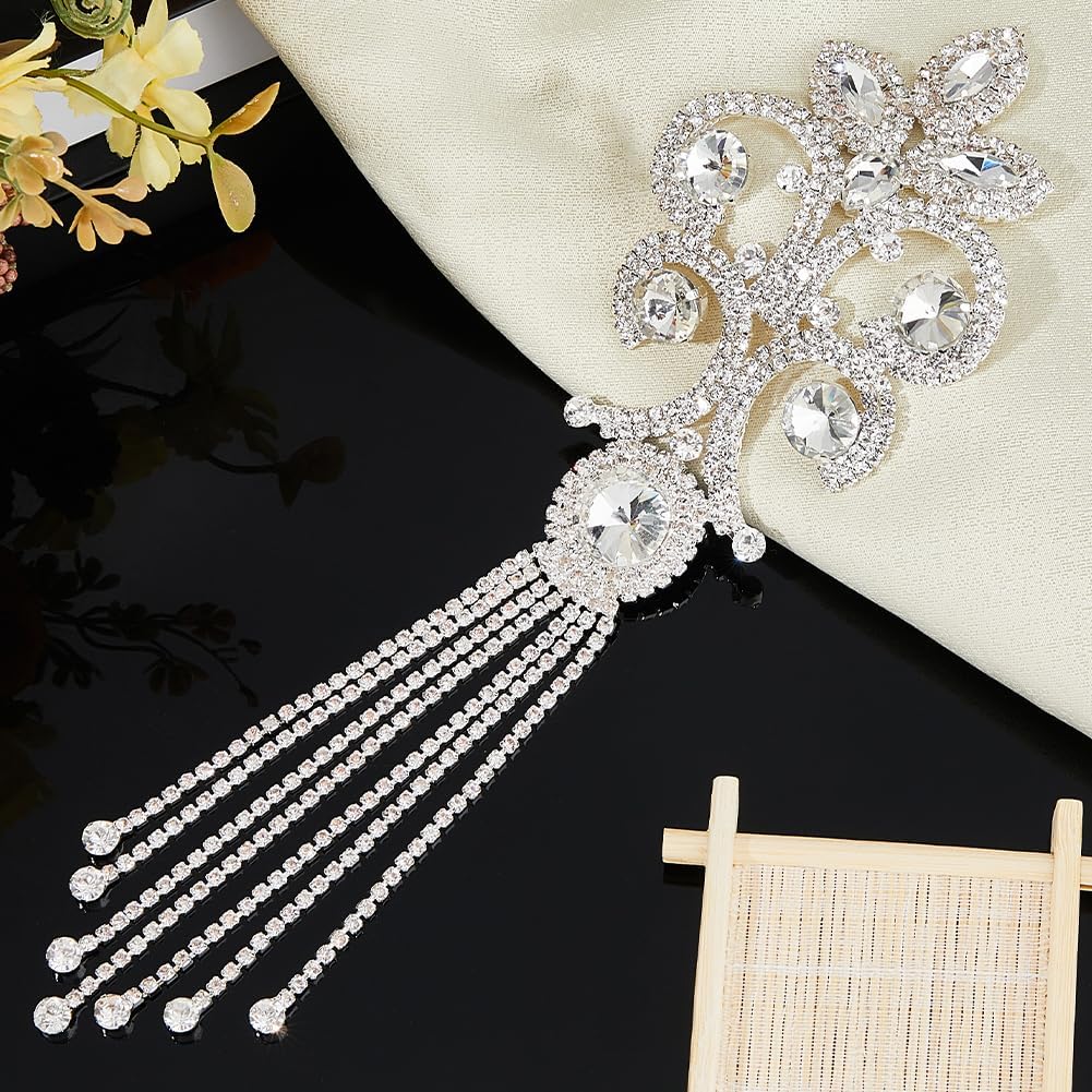 DICOSMETIC 1Pc Crystal Rhinestone Applique Bridal Wedding Dress Applique Epaulettes Shoulder Trim Fringe Patches Glitter Glass Flower Appliques for Sewing Clothes Dress Accessories Costume Decor