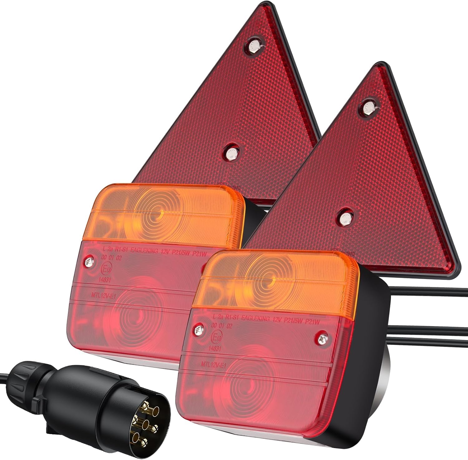 AUTOUTLET Feux arrière de remorque avec catadioptre, 12 V, kit de feux arrière universels pour remorque, fiche 7 broches, câble de 7,5 m et certifié E11, étanche IP65, éclairage arrière de voiture