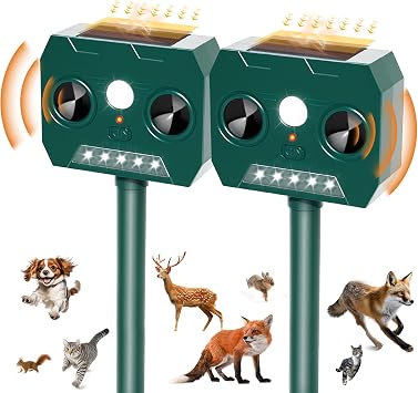 2 Pack Cat Repellent for Gardens UK, Ultrasonic Fox Deterrent Solar with Motion Sensor and LED Light, 12m Range IP45 Waterproof Animal Repeller for Foxes, Squirrel, Cats, Dogs | with Motion Sensor and LED Light, 12m Range IP45 Waterproof Animal Repeller for Cats, Foxes, Deer, Squirrel, Dogs