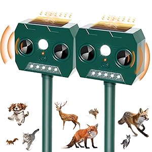 2 Piezas Ahuyentador de Gatos Exterior, 2025 Ultrasónico Repelente de Zorros Solar con Luz LED, 12m 120° IP45 Impermeable Aullentador de Animales para Gatos Zorros Martas Mapaches Perros