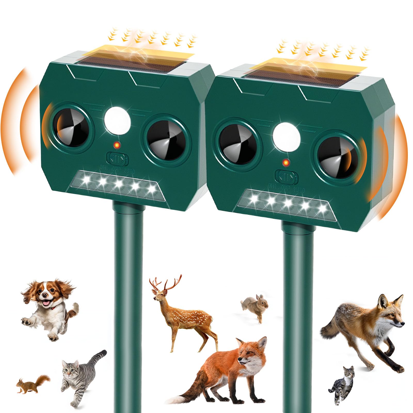 RAYGARD 2 Pezzi Dissuasore Gatti, Repellente per Volpi Ultrasonico Solare con Luce LED, 12m 120° Dissuasori per Piccioni Giardino IP45 Impermeabile per Gatti Volpi Cani Cervo Procioni