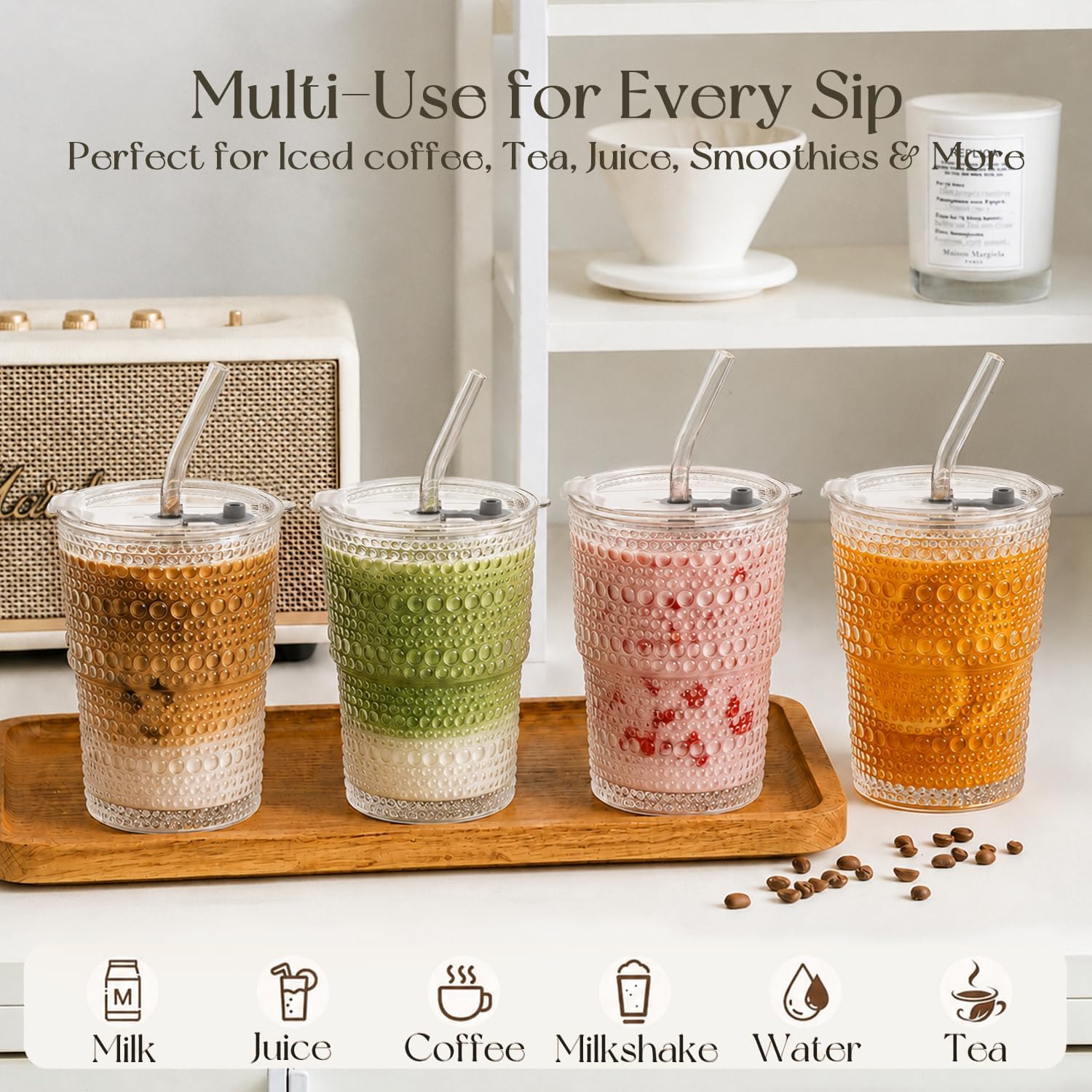 KEMORELA 13oz Hobnail small glass tumbler with lid, Reusable Glass Cups image 3