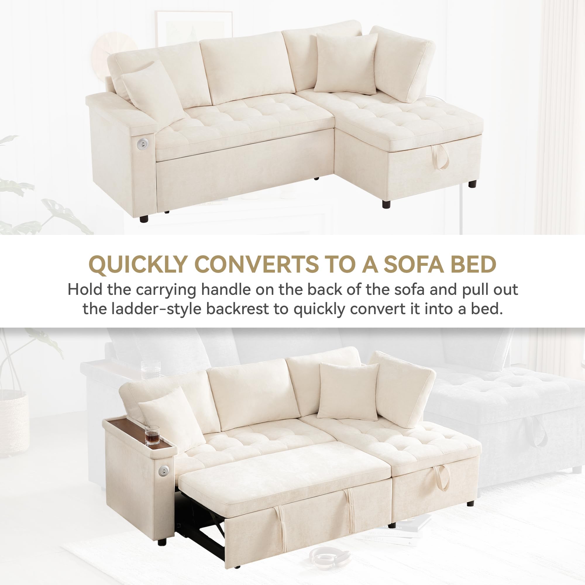 Couch mit Schlaffunktion, 3 Sitzer Ecksofa mit Schlaffunktion Überzug L Form Schlafsofa und 2 Kissen, Beige, L209 x B130 x H84 cm