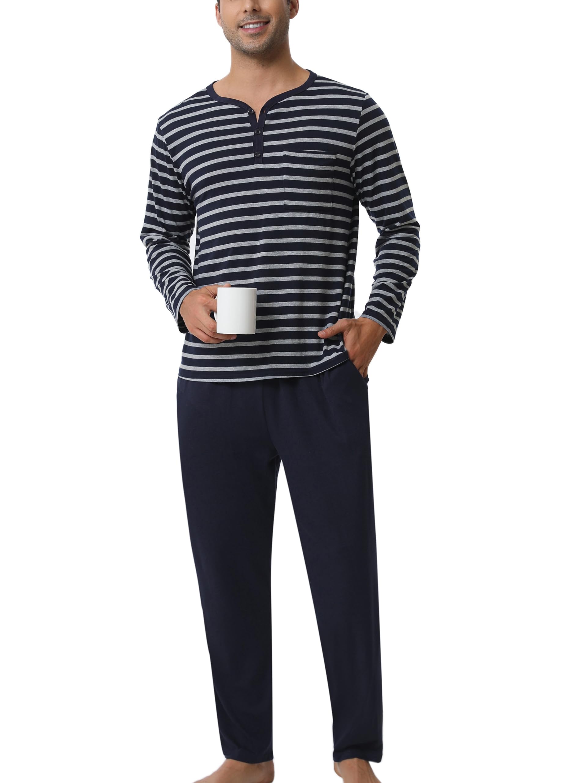 Pigiami Due Pezzi Uomo Maglia Maniche Lunghe + Pantaloni, Pigiami e Abbigliamento da Notte-Strisce/Grigio Blu/3XL