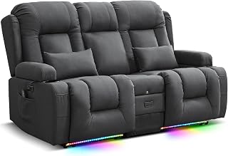 Elektrisch Relaxsessel mit Liegefunktion, Zweisitzer Fernsehsessel mit Konsole TV Sessel Heimkino mit Heizung & Vibrierende Massage, USB, Getränkehalter, Schwarz (Hellgrau, mit Konsole)